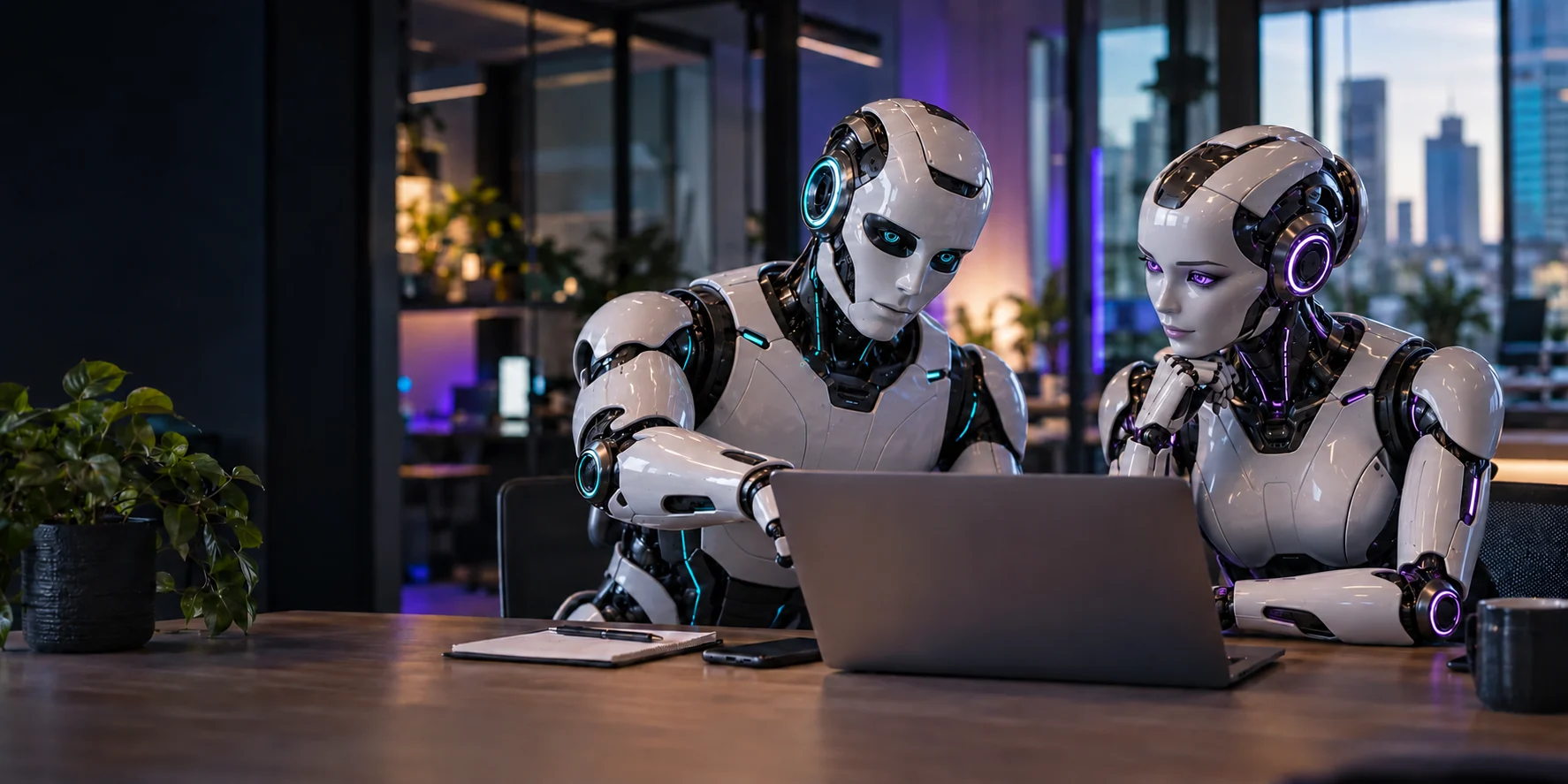 Two friendly robots collaborating on a laptop in a modern office