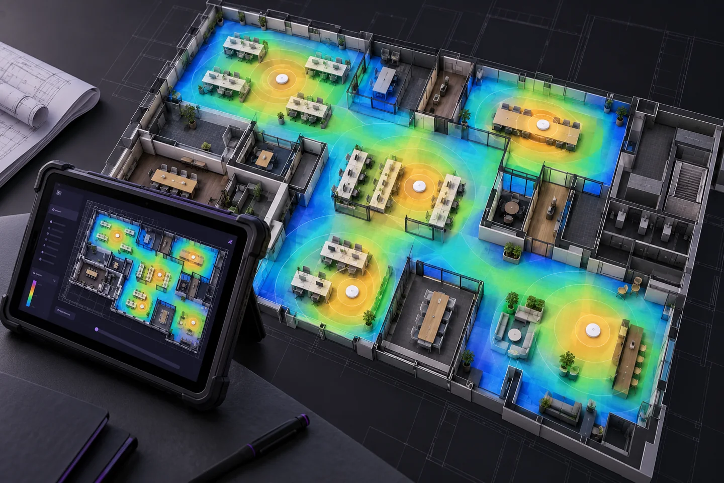 Visualisation of an office Wi-Fi coverage survey and heatmap